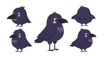 Detailed illustration of playful cartoon crows in various poses showcasing flat design style vector
