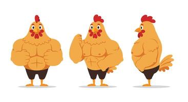 Muscular chicken character transformation in flat, minimal illustration vector