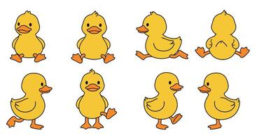 Cute yellow duck animations in flat style showcasing playful movements and expressions illustration vector