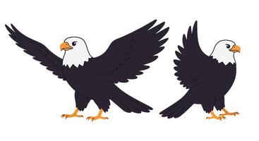 Bald eagle in dynamic pose flat illustration showcasing wing movements and detailed features vector