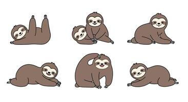 Sloth character poses in playful style showcasing movement and expressions in illustration vector