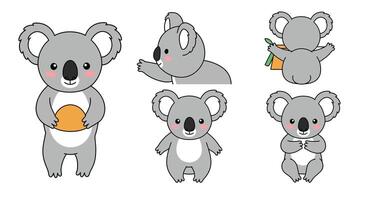 Cute koala character in playful poses with minimal design elements illustration vector