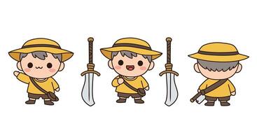 Cute character transformation in minimal style with sword and hat illustration vector