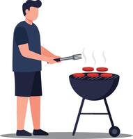 Man cooking burgers on grill in flat illustration style vector