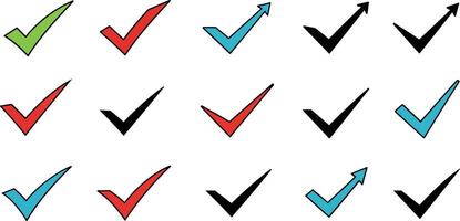 Colorful checkmarks in various styles and orientations showcasing flat art vector