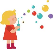 Girl blowing bubbles in playful style with bright colors and simple shapes illustration vector