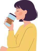 Woman enjoying coffee with a joyful expression in minimal illustration vector
