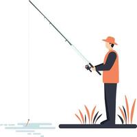 Fisherman casting line in serene water scene with minimal flat art vector