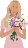 Woman holding a colorful bouquet in flat design style art vector