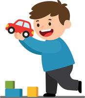 Happy child playing with a red toy car in flat art vector
