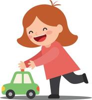 Happy child playing with a green toy car in flat illustration vector