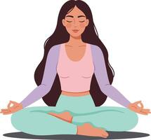 Meditating woman in flat style with serene expression and colorful attire illustration vector