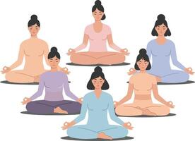 Meditation practice with multiple women in flat and minimal art vector