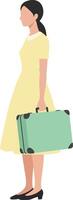 Woman in yellow dress holding a suitcase in minimal art vector