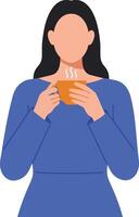 Woman enjoying a warm beverage in a minimal flat design illustration vector