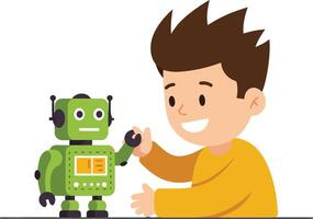 Boy interacting with a green robot in flat style illustration vector