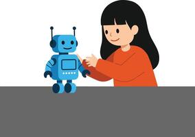 Girl interacting with friendly robot in minimal flat art vector