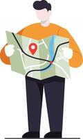Person holding a map with location pin in flat art style vector