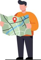 Person holding map with location pin in flat illustration vector