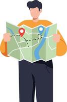 Person holding a map with location markers in flat art style vector