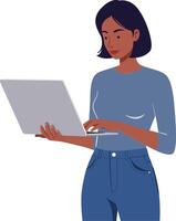 Woman using laptop in flat style illustration with casual outfit and modern design vector
