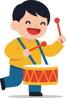 Happy child playing a drum in flat and colorful art vector