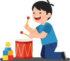 Happy child playing with drum and colorful blocks in flat illustration vector