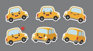 Cute smiling yellow cars in flat art style showing different emotions and expressions illustration vector