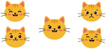 Cat expressions in playful designs featuring flat colors and minimal details illustration vector