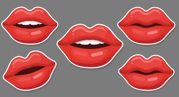 Red lips transformation in flat style art showcasing different expressions and shapes in five frames vector