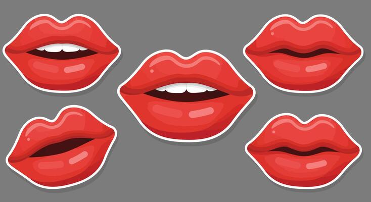 Red lips transformation in flat style art showcasing different expressions and shapes in five frames
