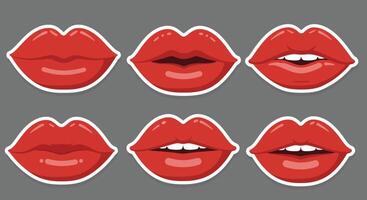 Detailed red lips transformation in flat art style showcasing various expressions and shapes vector