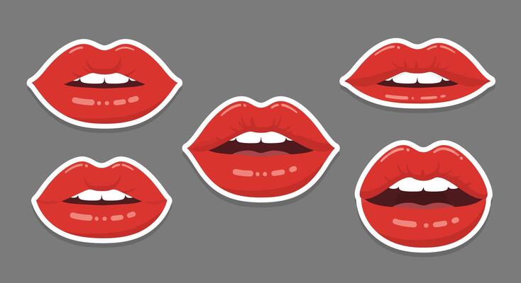 Red lips in various expressions and styles in flat art