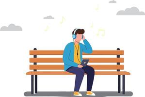 Young man enjoying music while sitting on a bench in flat art vector