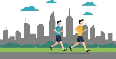 Two runners in a cityscape transitioning from casual to energetic flat illustration vector