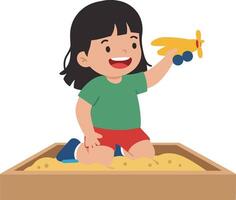 Child playing joyfully in sandbox with toy airplane in flat illustration vector