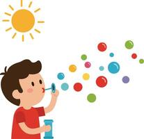 Child blowing bubbles in sunny outdoor setting, flat design art vector