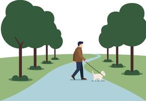 Man walking small dog along tree lined path in flat art vector