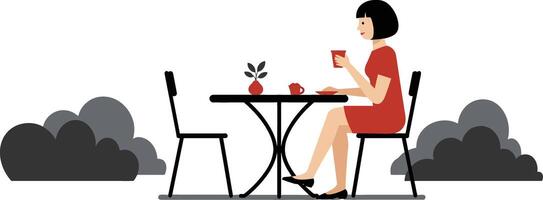Woman enjoying tea at a table in a minimal flat illustration vector