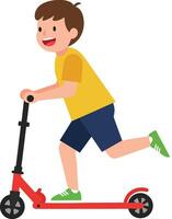 Happy child riding a red scooter in a flat design art vector