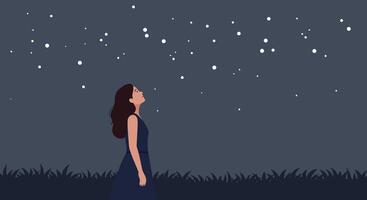 Woman gazing at stars in dark sky flat illustration vector