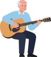 Elderly man playing acoustic guitar in flat design art vector