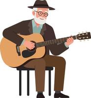 Elderly man playing acoustic guitar in flat minimal illustration vector