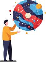 Person holding a colorful planet in a minimal flat design illustration vector