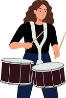 Female drummer performing rhythmic beats in flat style art vector