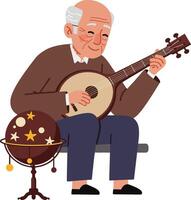 Elderly man playing a string instrument in a flat minimal illustration vector
