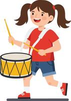 Happy child playing a drum in a fun, colorful flat art vector