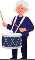 Elderly man playing a drum in a flat and colorful illustration vector