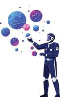 Astronaut exploring colorful bubbles in a minimal design illustration vector