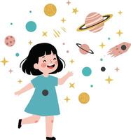 Girl running joyfully through space with planets stars and colorful shapes flat art vector